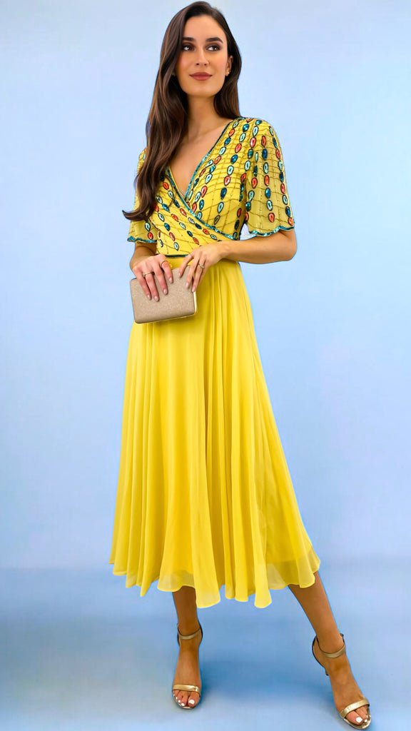 A2305 Glyn Yellow Embellished Flare Dress