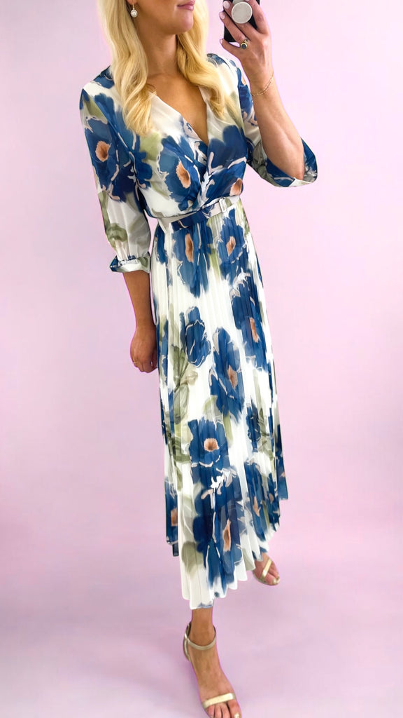 A2324 Blue Floral Inia Pleat Dress