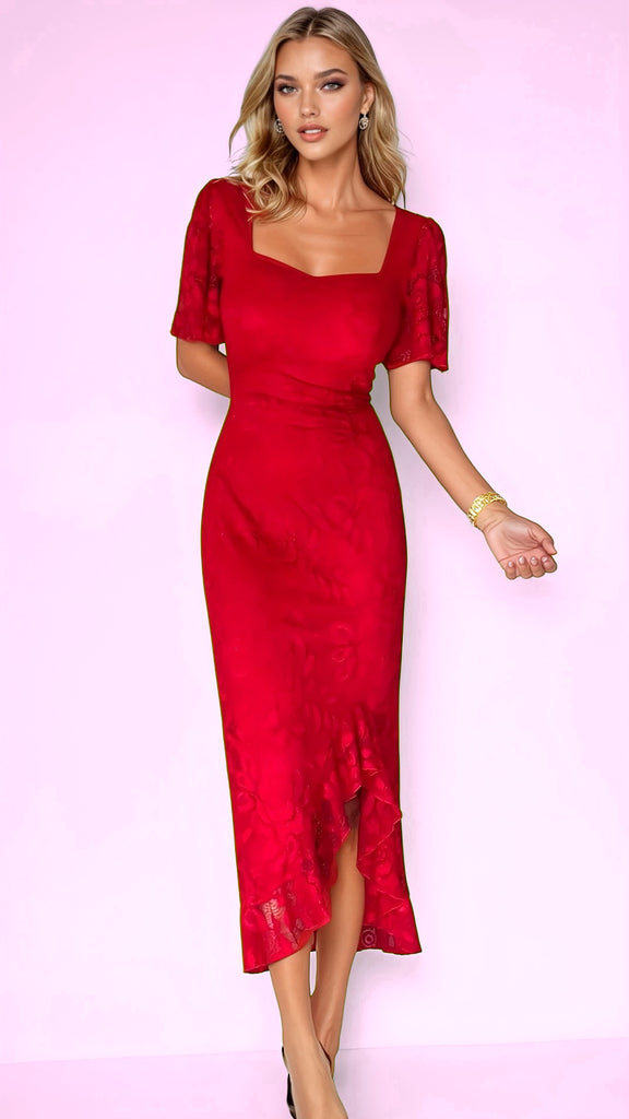 A2563 Heidi Red Lace Rouched Dress