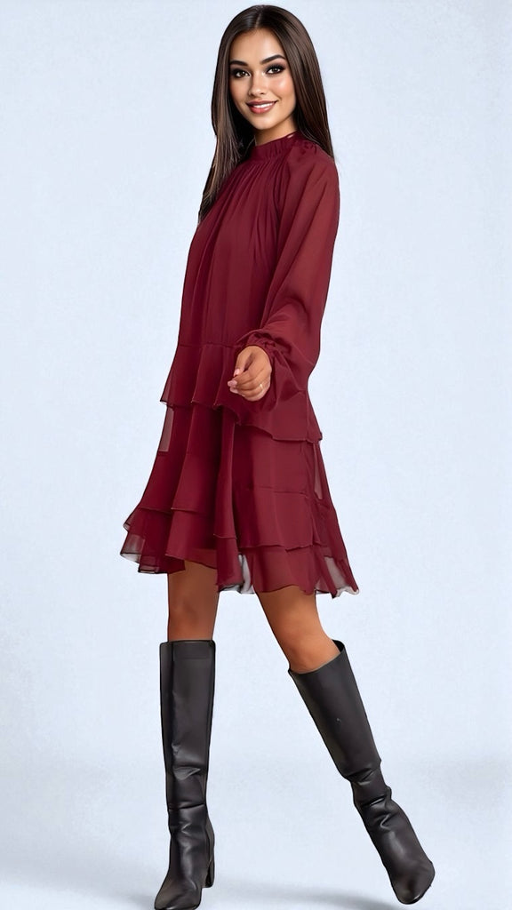 A2592 Burgundy Flounce Dress
