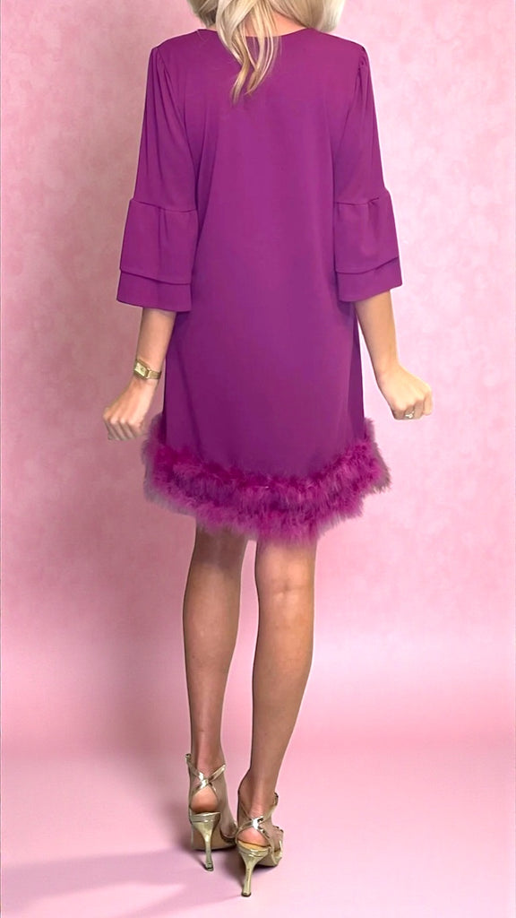 A2765 Magenta Feather Trim Shift Dress
