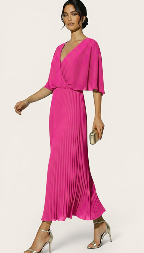 A3046 Pink Cape Pleat Dress