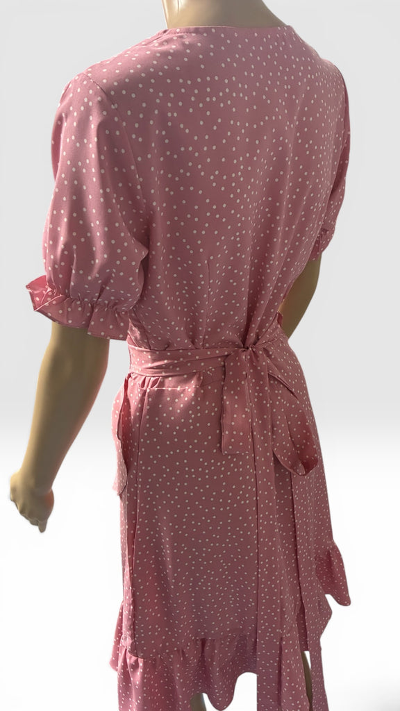 A3122 Pink Dotty Frill Hem Dress
