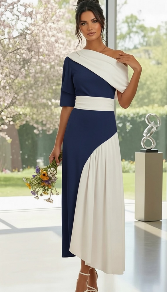 A3125 Inda Navy Contrast Flare Dress
