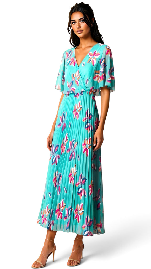 A3142 Nicole Turquoise Print Cape Dress