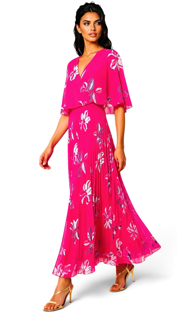A3141 Nicole Pink Print Cape Dress