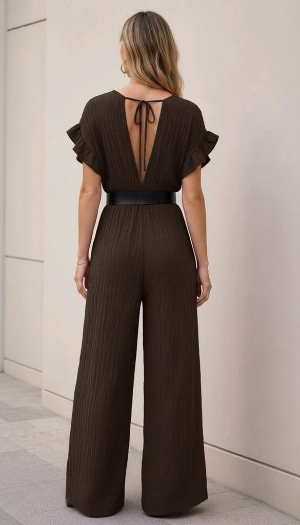 A3212B Brown Oversized Embossed Jumpsuit