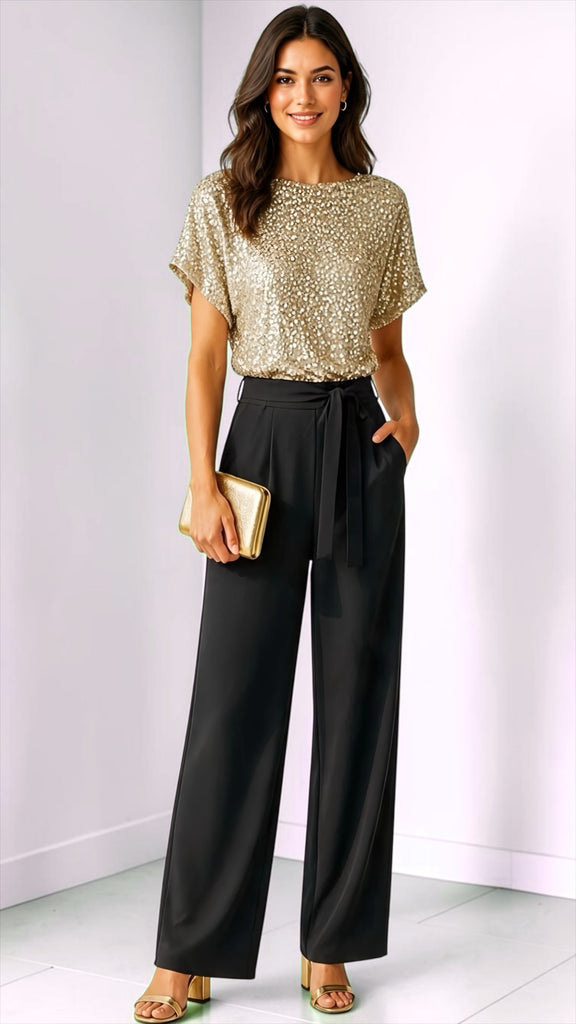 A3272 Olivia Beige Top Sequin Jumpsuit