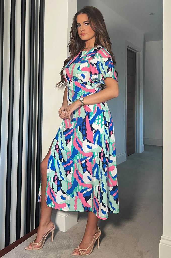 A0810 - (SIZE 14 ONLY) - Serena Blue Splash Midi Dress