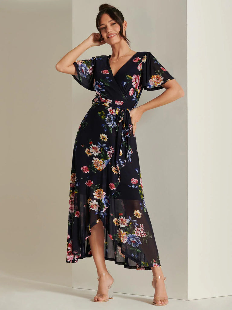 1-A2163 Navy Floral Dip Hem Frill Dress