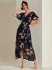 1-A2163 Navy Floral Dip Hem Frill Dress
