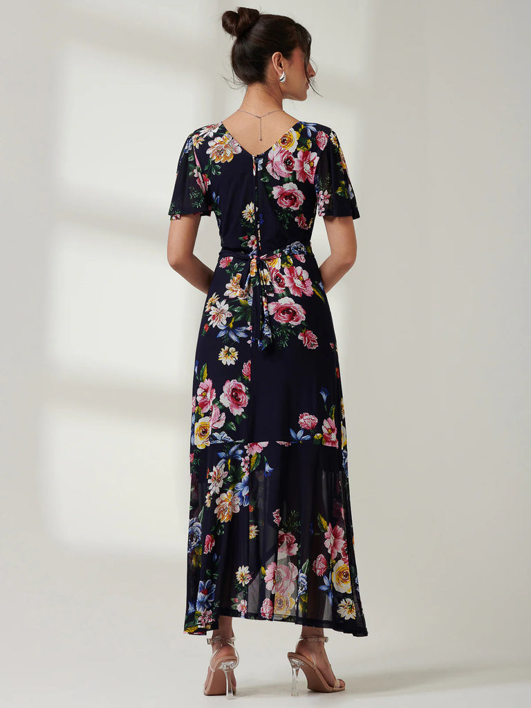 1-A2163 Navy Floral Dip Hem Frill Dress