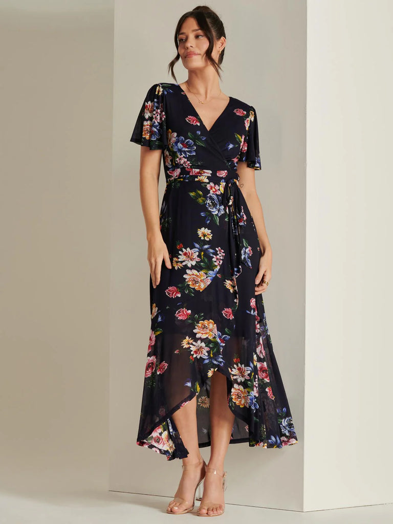 1-A2163 Navy Floral Dip Hem Frill Dress