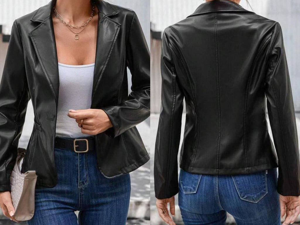 5-A2799 Faux Leather Blazer Black