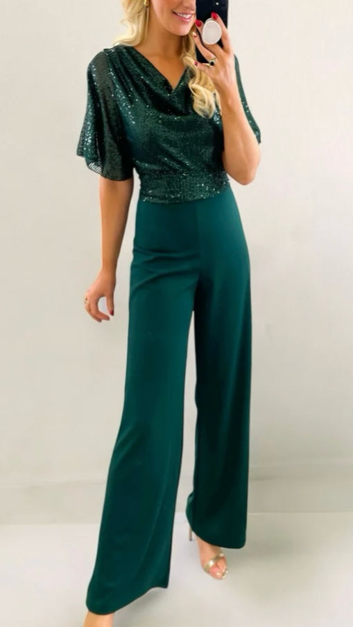 5-A2070 Amelia Green Sequin Jumpsuit