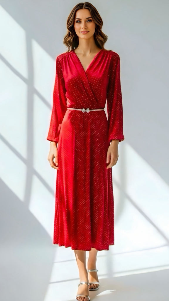 A2670 Ruby Sparkle Velvet Pleat Dress