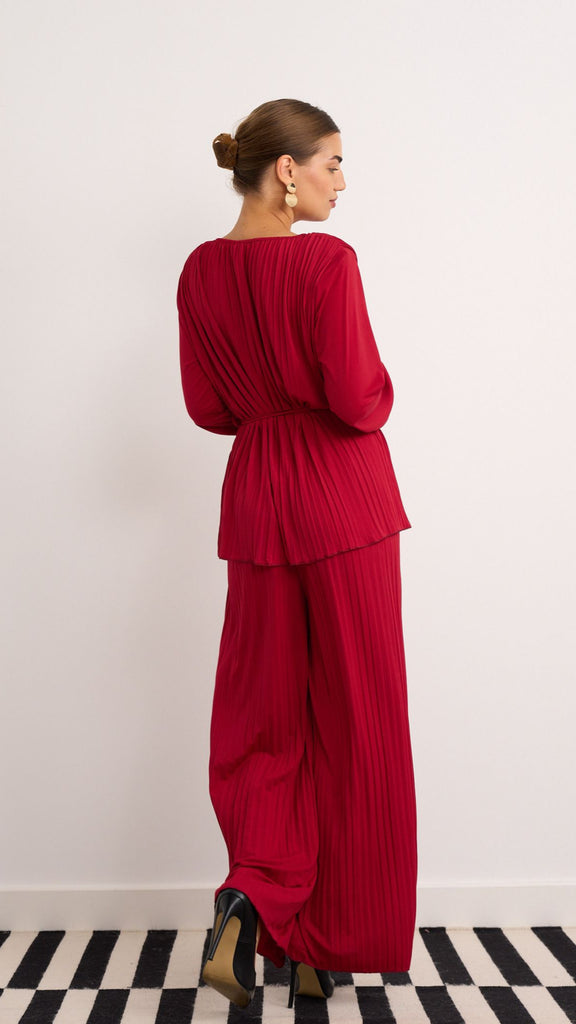 A2701 Wine Red Pleated Trouser Set
