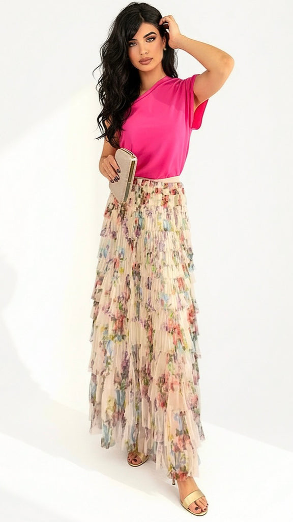 A2914 Beige Multi Tulle Ruffle Maxi Skirt