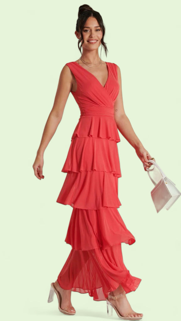 A1611 Coral Mesh Tierred Midaxi Dress