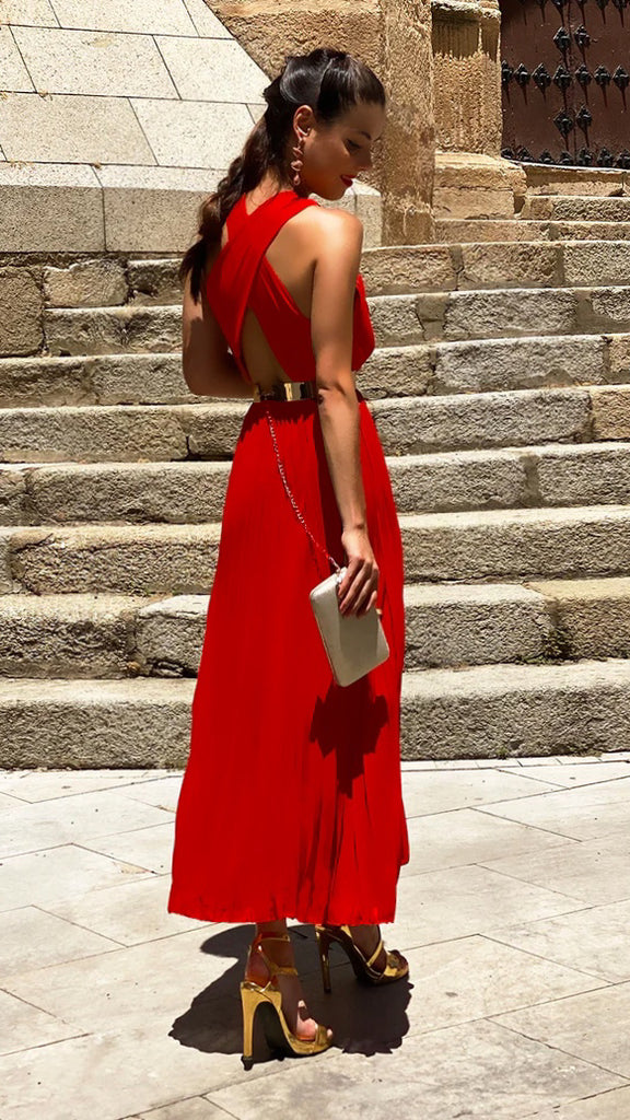 A2255 Red Criss Cross Halter Dress