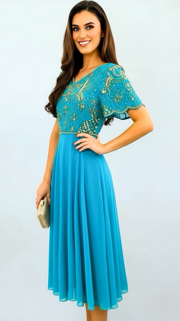 4-A2226 Turquoise Embellished Flare Dress