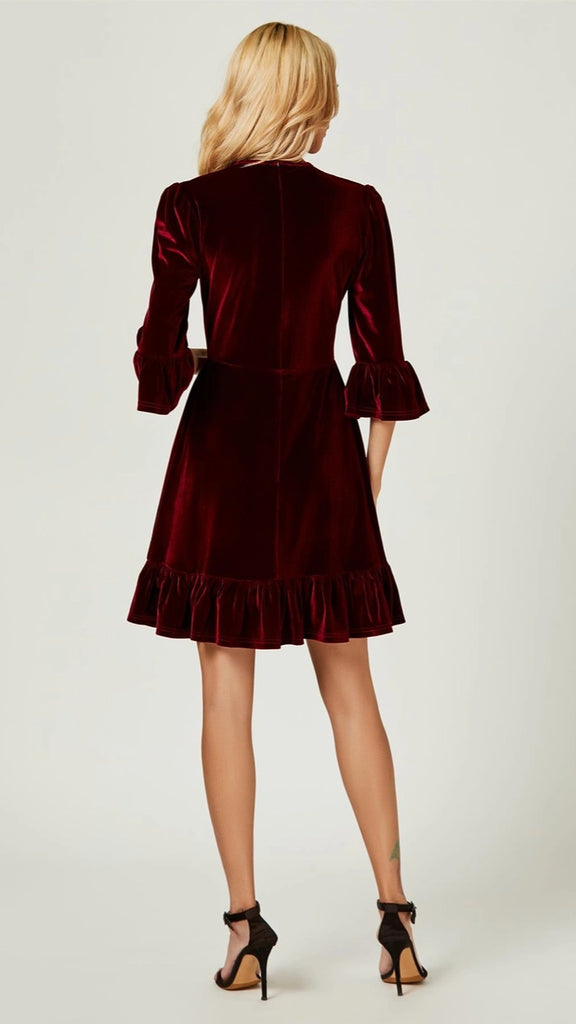 5-A2770 Wine Velvet Flute Dress