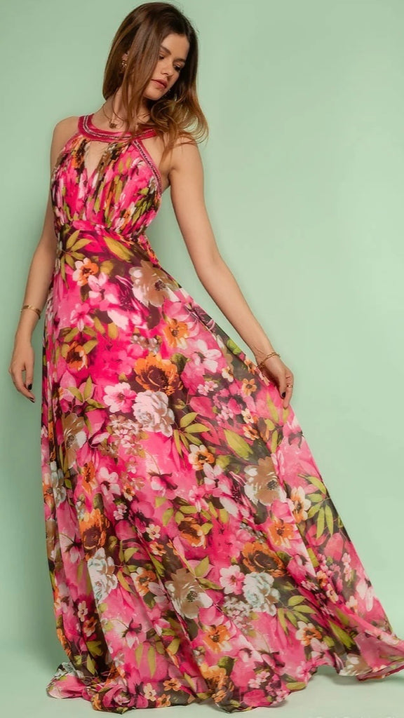 A2253 Stasia Pink Floral Maxi Dress