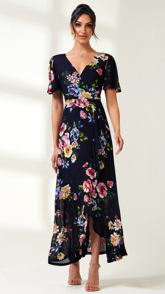 1-A2163 Navy Floral Dip Hem Frill Dress
