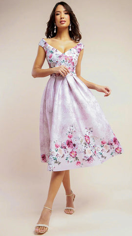 A1515 Cheryl Satin Blue Floral Dress