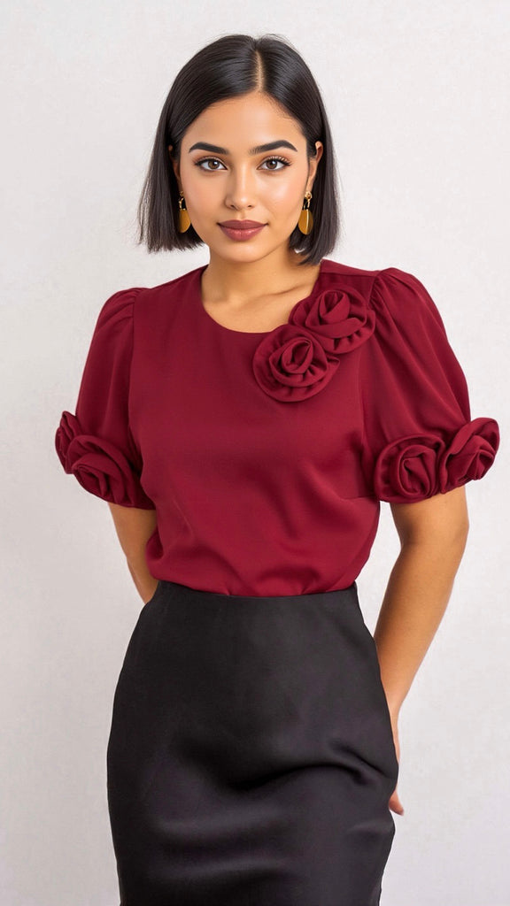 A2681 3D Floral Burgundy Top