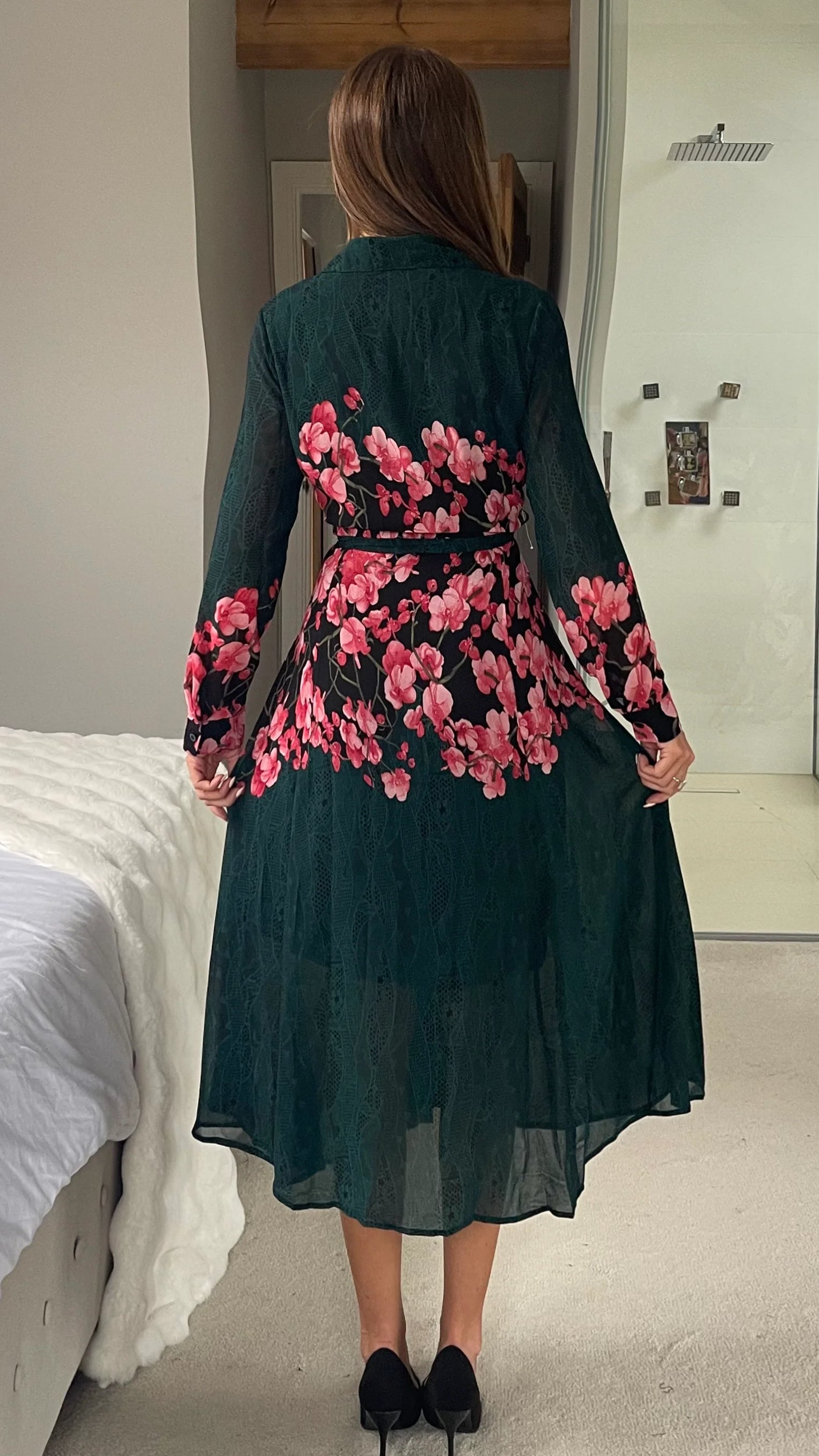Women’s Cotton Printed Midi Dress – Green Floral Shirt Dress with Belt, Lightweight Summer Casual Wear main image 1