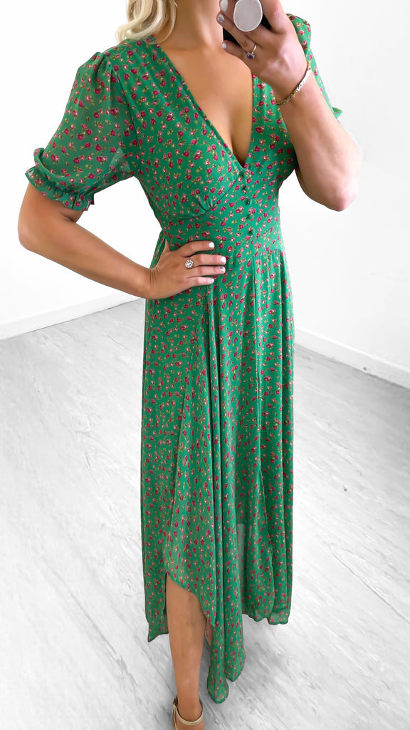 1-A0532 Green Ditsy Hi Lo Designer Vibe Dress