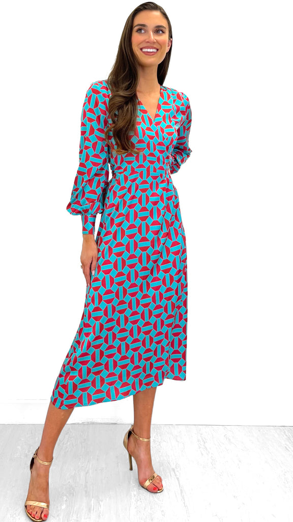 4-9803 - (SIZE 22 ONLY) - Teal Print Satin Feel Wrap Dress