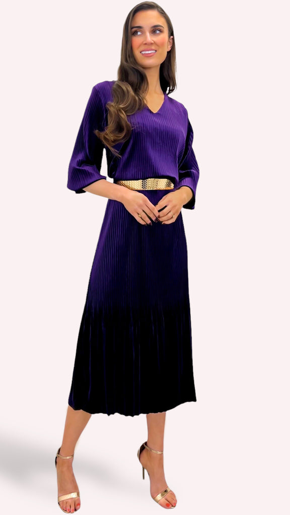 A1128JJ Purple Velvet Loose Top Pleat Dress