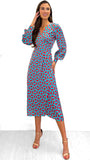 4-9803 - (SIZE 22 ONLY) - Teal Print Satin Feel Wrap Dress
