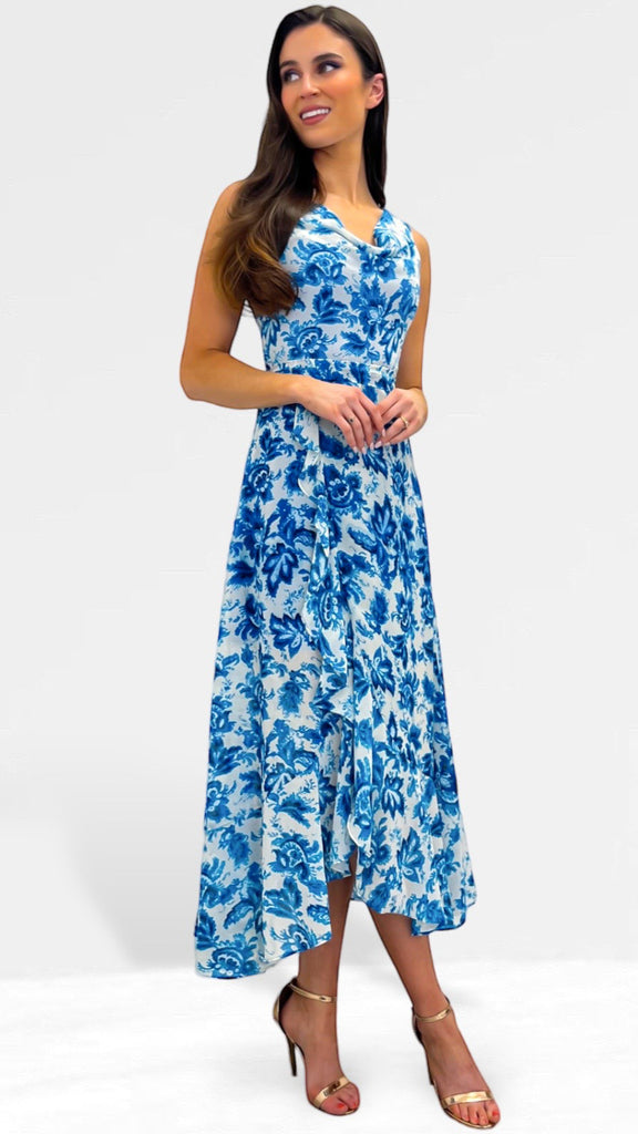 4-A0495 Janet Cowl Neck Blue Floral Dress