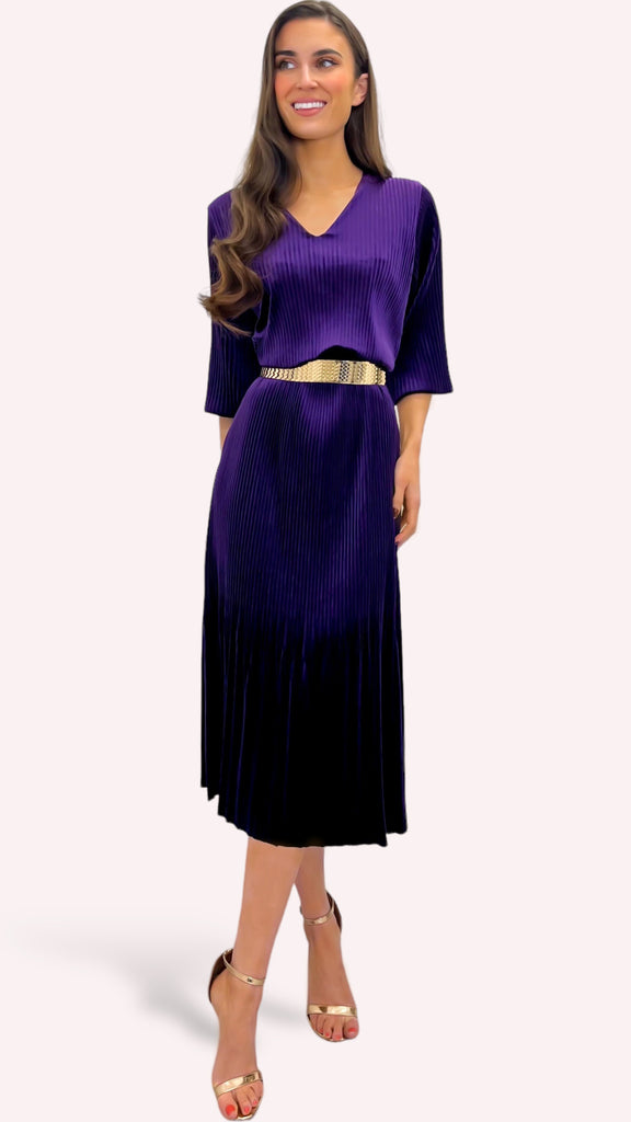 A1128JJ Purple Velvet Loose Top Pleat Dress