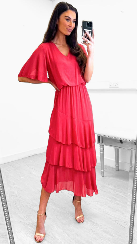 4-9726 - (SIZES 12,14 ONLY) - Coral Loose Top Tierred Dress