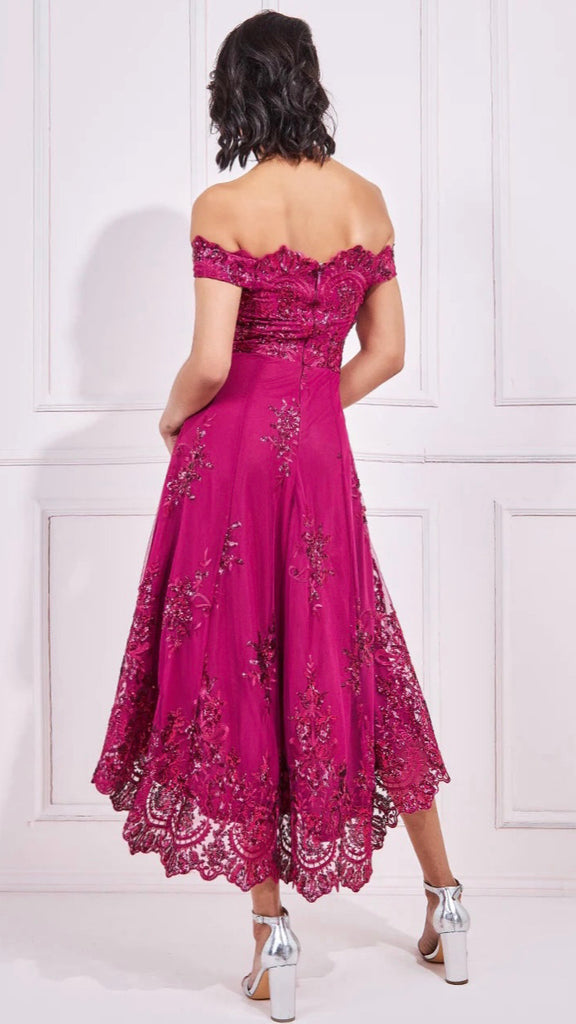 4-A0533 Moster Magenta Bardot Hi Lo Dress