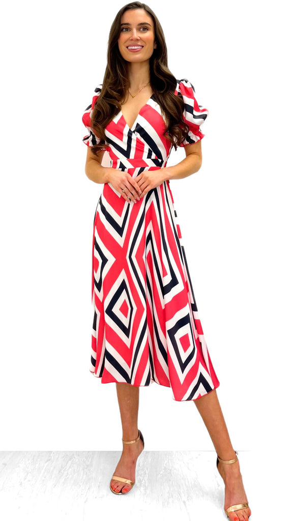 4-9576  - (SIZE 24 ONLY) - Coral Stripey Flare Dress