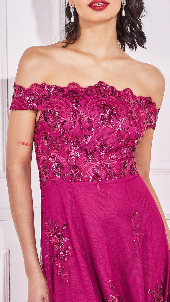 4-A0533 Moster Magenta Bardot Hi Lo Dress