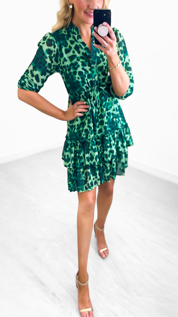 4-A0558 - (SIZE 8 ONLY) - Green Print Latina Flounce Dress