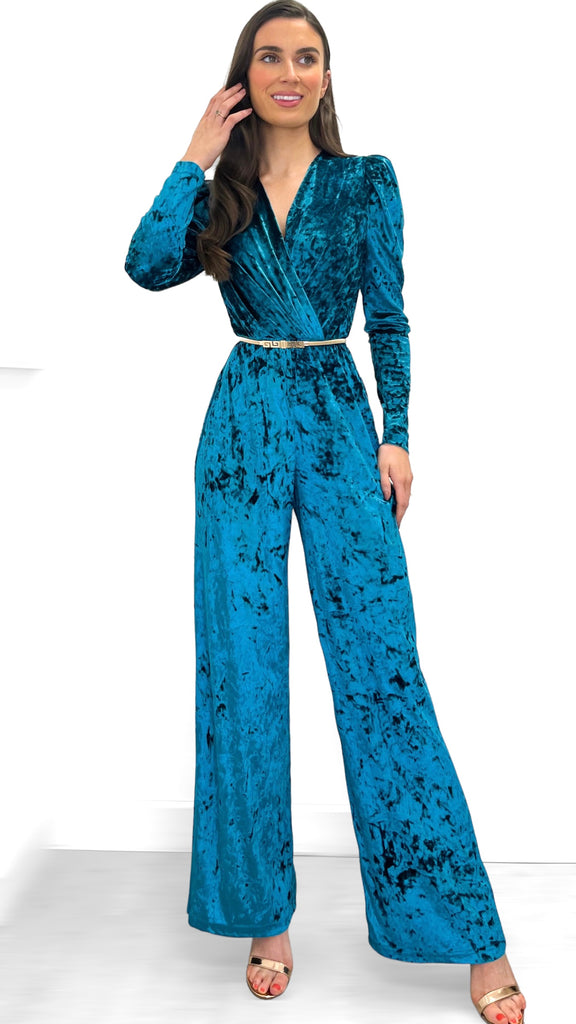 4-9980 Teal Crushed Velvet Jumpsuit