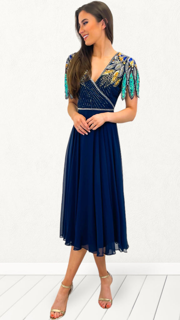 Navy Embellished Flare Dresses, dresses online