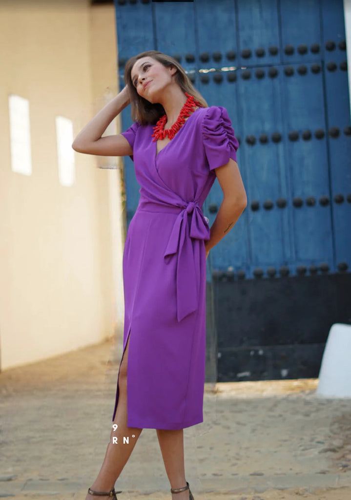 A0598 - (SIZES 20,22,24) - Morado Purple Rouched Sleeve Dress