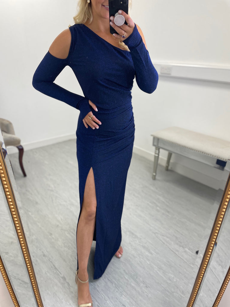 4-A0031 Cold Shoulder Lurex Maxi Dress