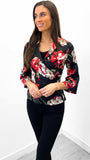 4-A0069 - (SIZES 6,8 ONLY) - Black Satin Floral Wrap Top