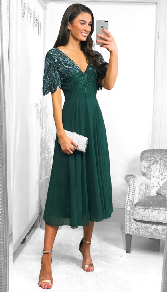 4-A1354 Tilly Green Embellished Flare Dress