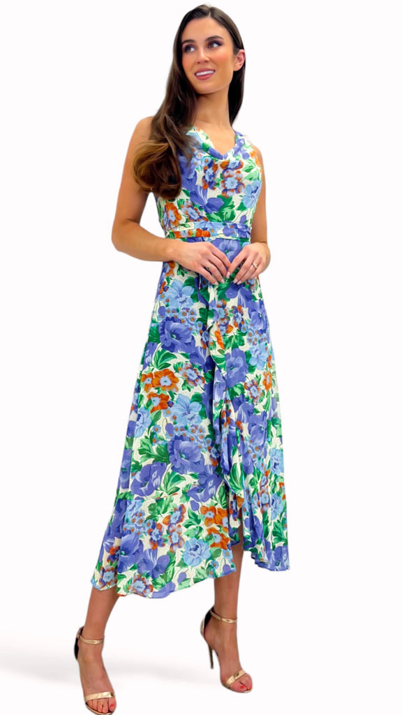 4-A0484 Janet Cowl Neck Floral Hi Lo Dress