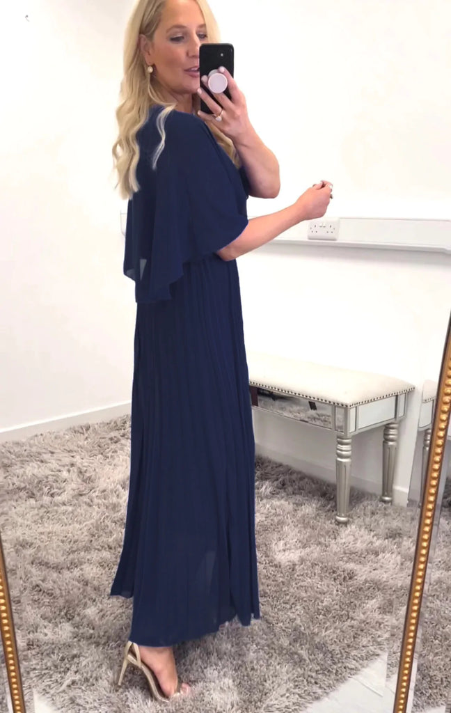 A1011 Magenta Cape Pleat Dress